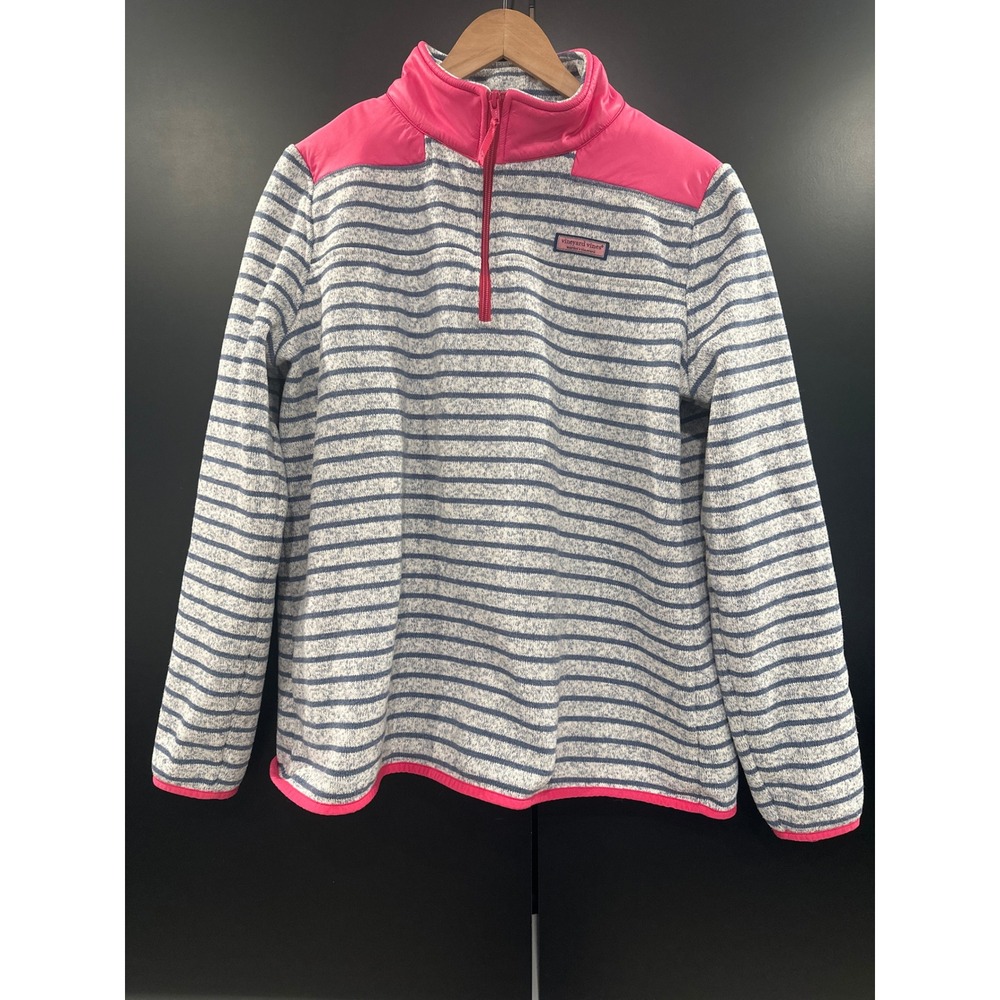 Vineyard Vines‎ Womens Striped Fleece Shep Shirt Quarter Zip Pink Blue 2K0842 L